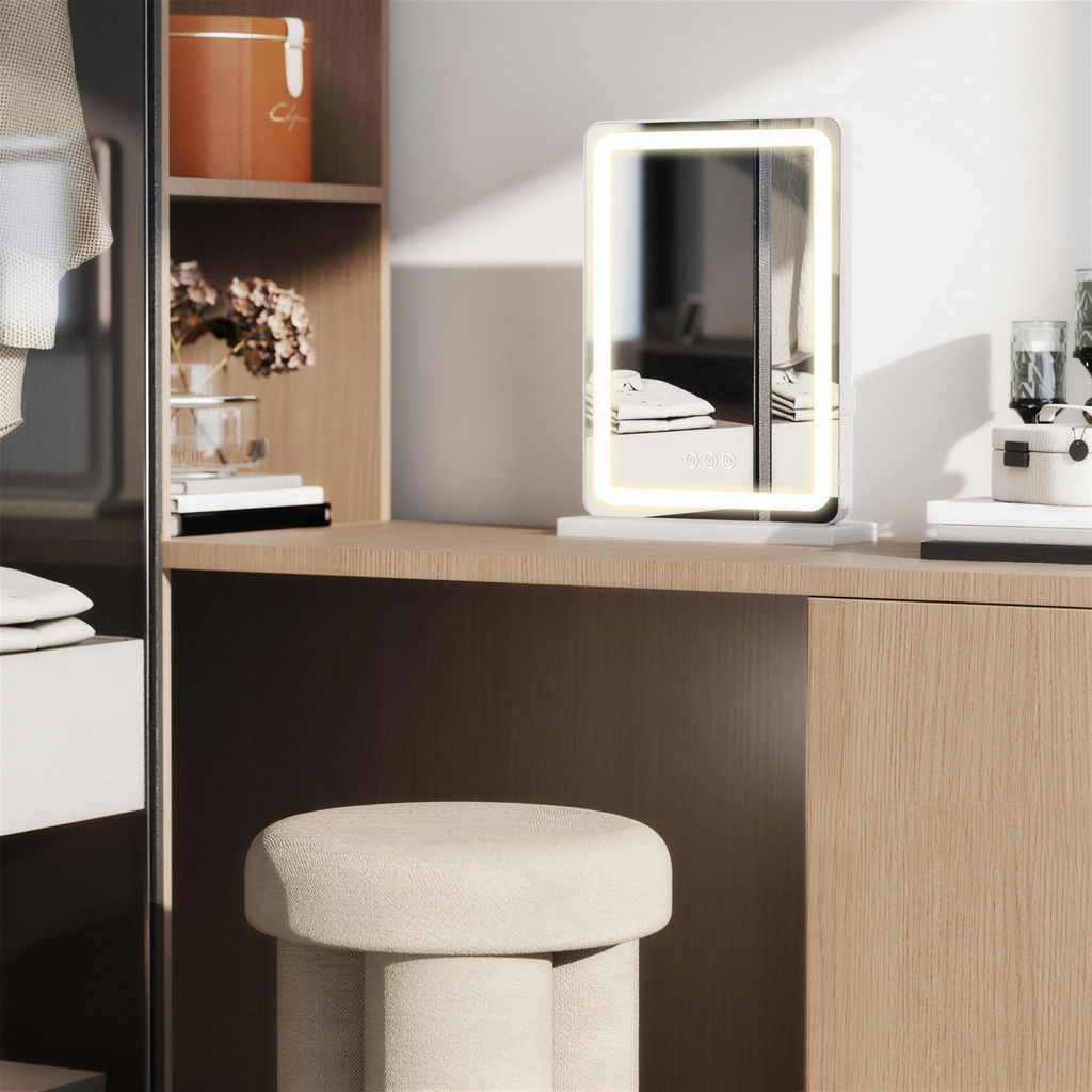 LED Vanity Mirror on wooden vanity with ottoman